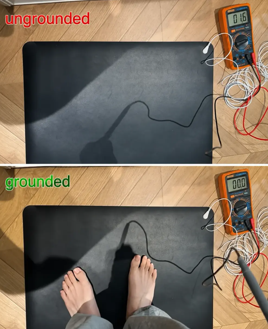 Multimeter comparison — 1.6V body voltage ungrounded vs 0.00V grounded while feet touch the mat